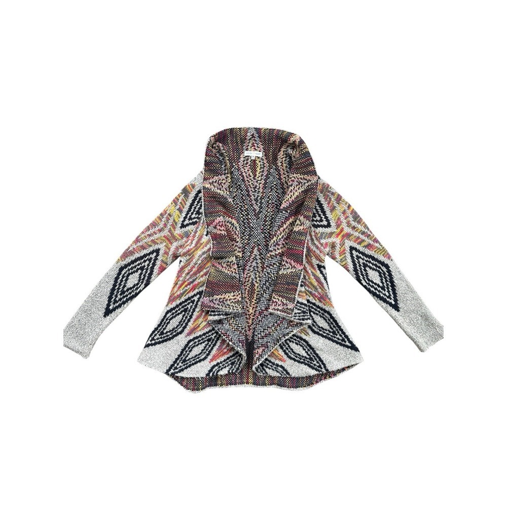 Woven Heart Cardigan Women M Multicolor Geometric Open Front Knit Excellent